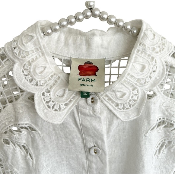 Farm Rio White Palms Linen Top XS Cottage Sheer Lace Embroidered Long Sleeve NEW - Picture 8 of 14